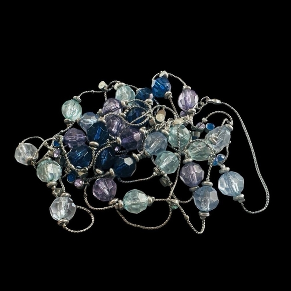 Vintage Silver Tone Multilayered Blue & Violet Crystal Stations Necklace 70" - Picture 1 of 3